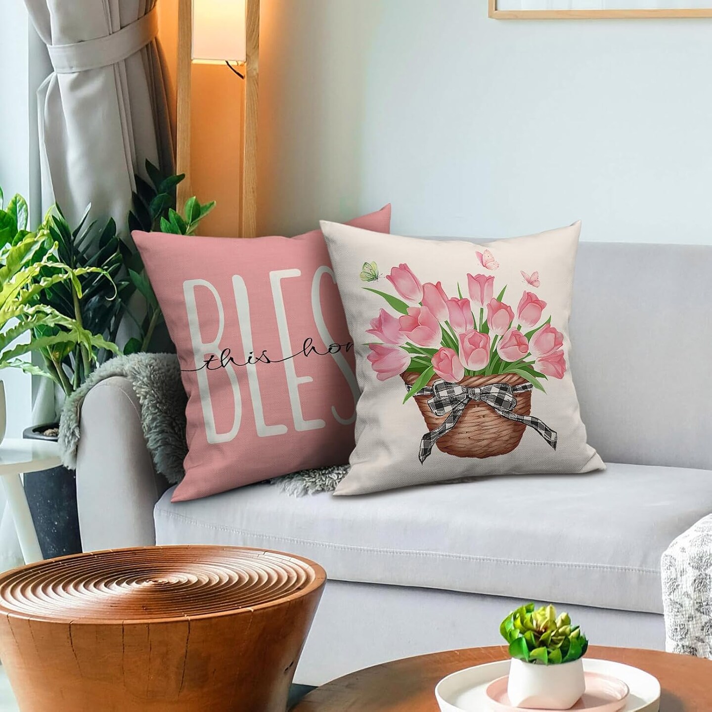 Pillow Covers 18x18 Set of 4 Tulip Home Sweet Home Pink Decorative Throw Pillow Cases Spring Summer Seasonal Decorations for Sofa Couch Farmhouse Home Decor