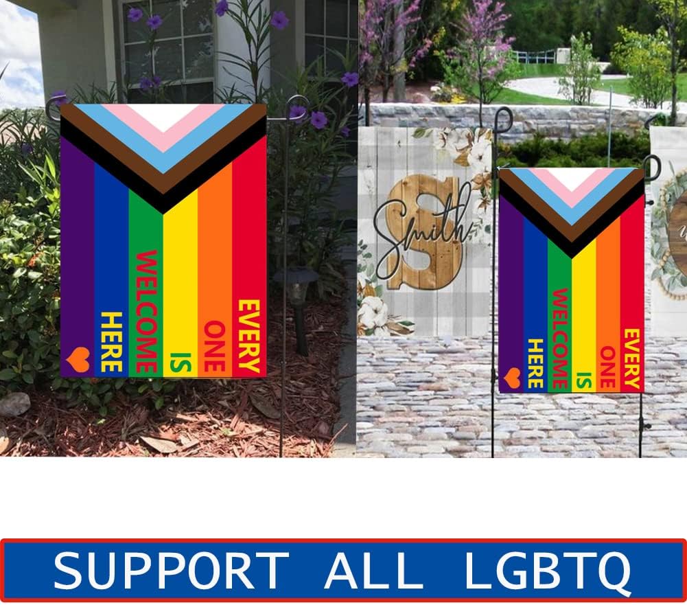 Progress Pride LGBTQ Garden Flag 12x18- Inclusive Progressive Pride Every One Is Welcome Here Small Rainbow Yard Flags for LGBT Lesbian Transgender Ally