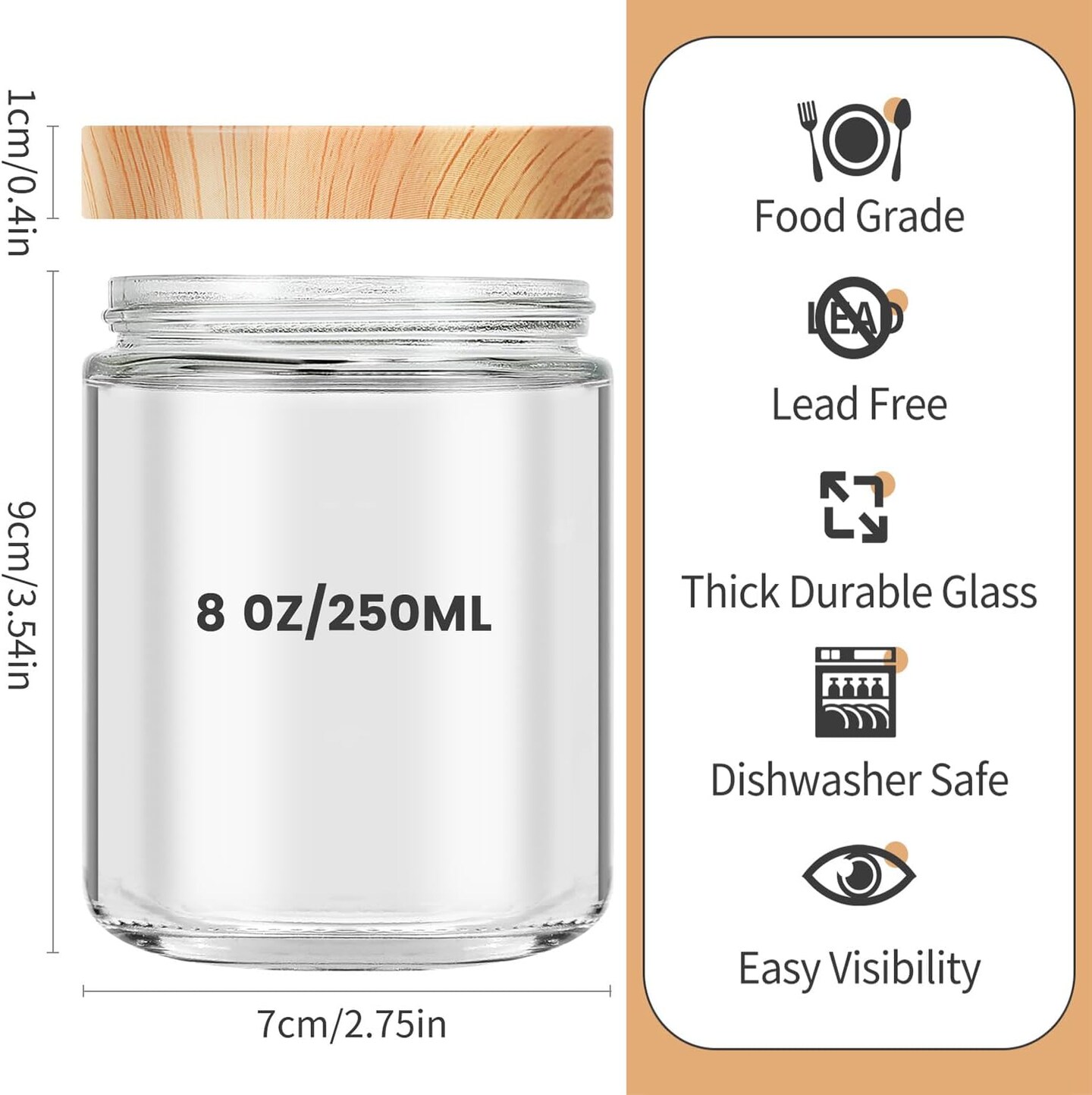 12 Pack 8oz Thick Glass Jars with Lids, Clear Round Containers Empty Food Storage Containers for Food Storage, Canning, Spices.