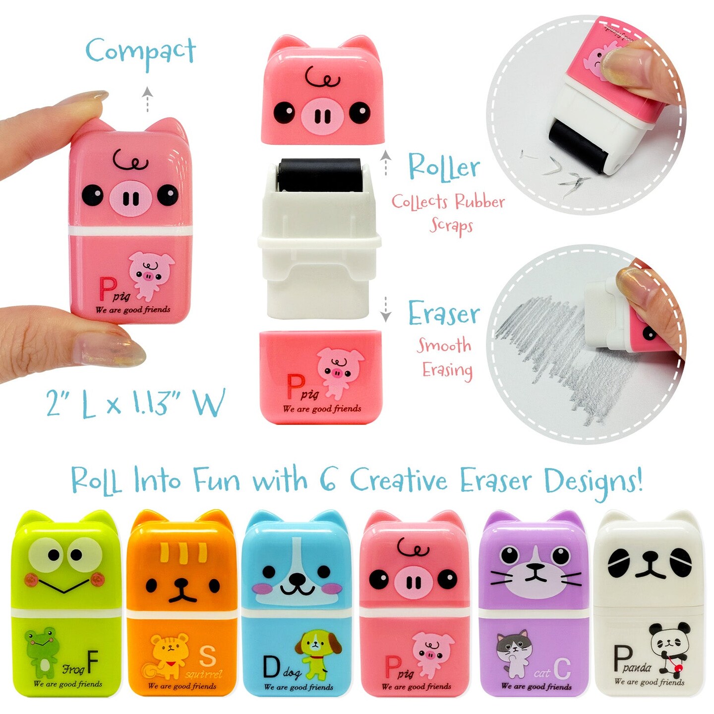 Wrapables Cute Animal Erasers with Clean Up Roller and Cover (Set of 6)