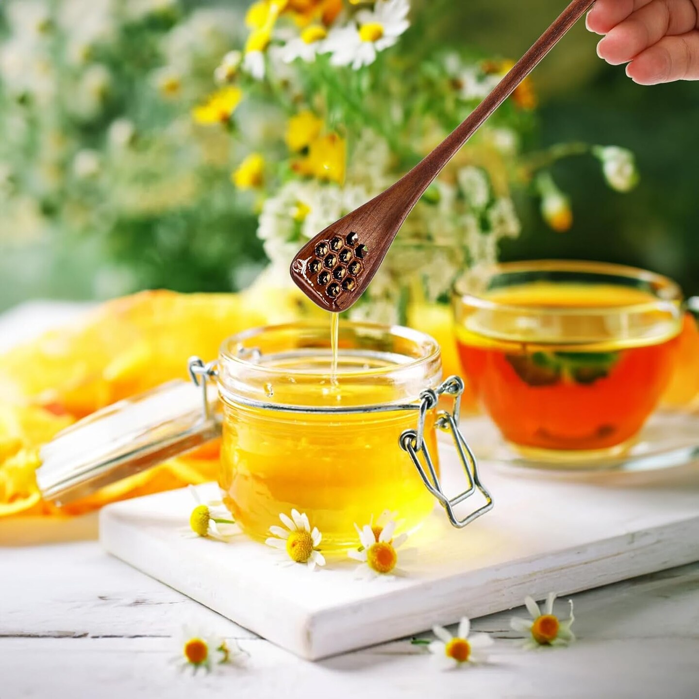 12 Pack Wood Honey Dipper, Honey Spoon Sticks, Honey Mixing Stirrers for Tea Coffee, Honey Comb Sticks with Long Handle, Reusable Honey Wand Syrup Dippers for Home Kitchen Party, Food Safe, 7&#x27;&#x27;