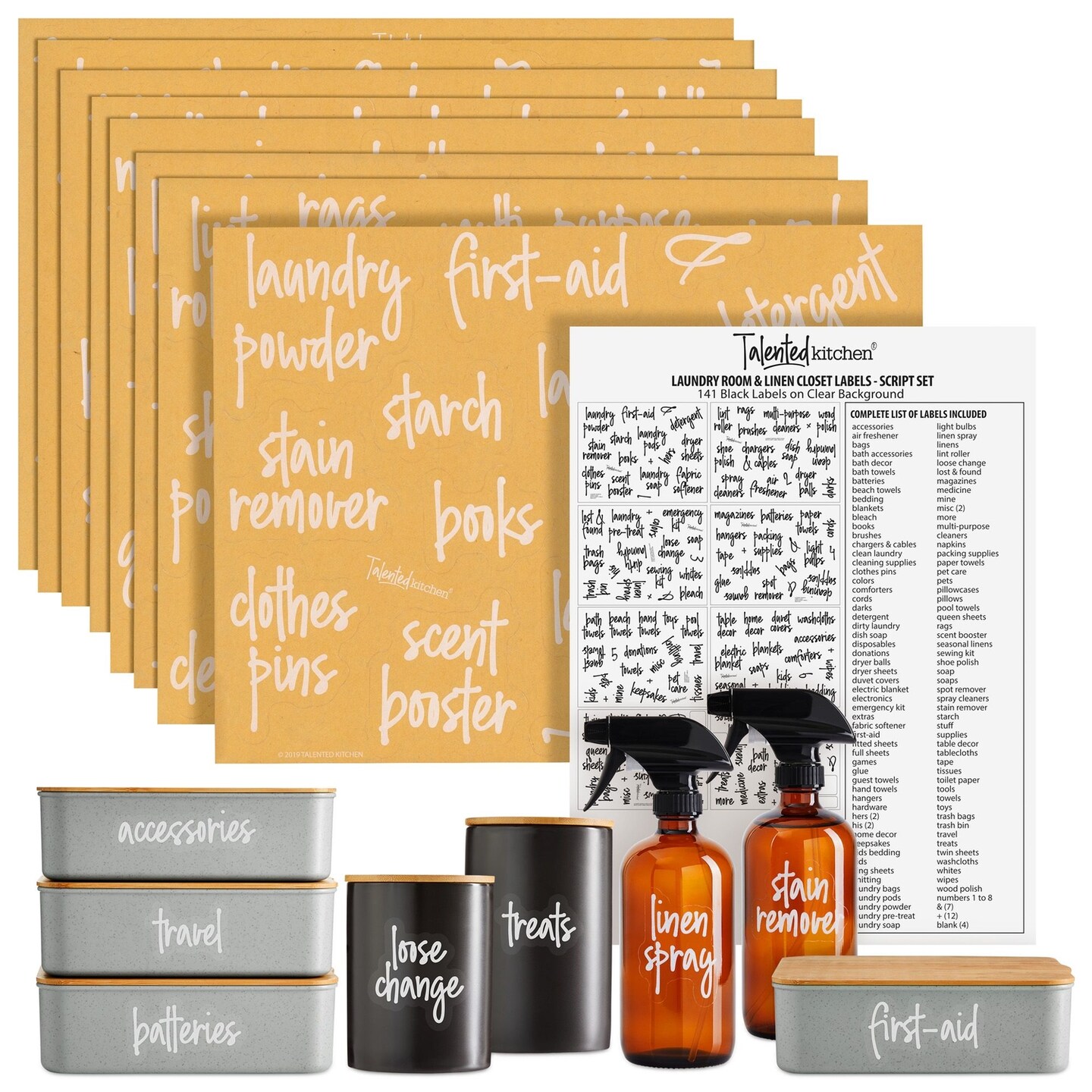 Talented Kitchen 141 Laundry Labels for Jars, Containers - Preprinted White Script Stickers for Linen Closet, Bathroom, Cleaning Supplies Organization (Water Resistant)