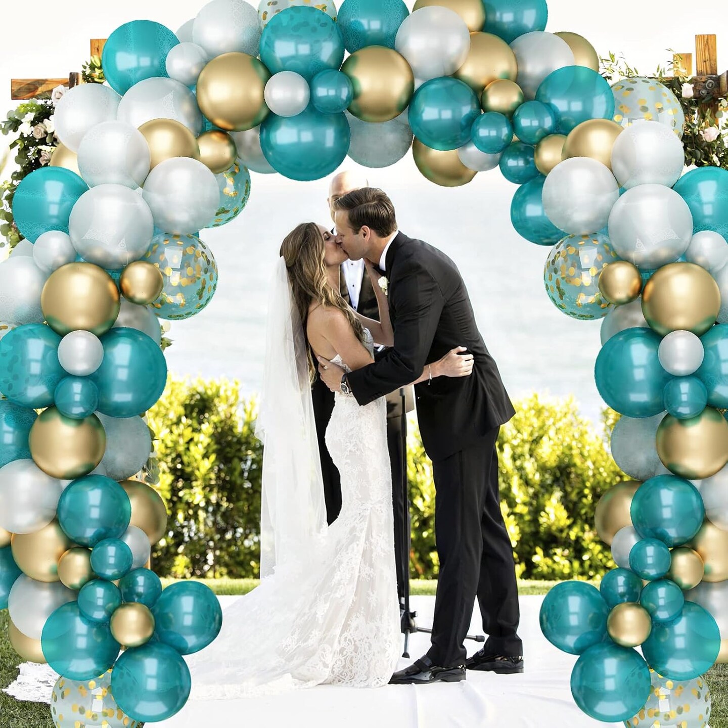 Matte Turquoise Blue Pearl White Balloons Garland Arch Kit Metallic Gold Balloon with Gold Confetti Latex Balloon Teal Blue Balloons Chrome Gold Party Decorations