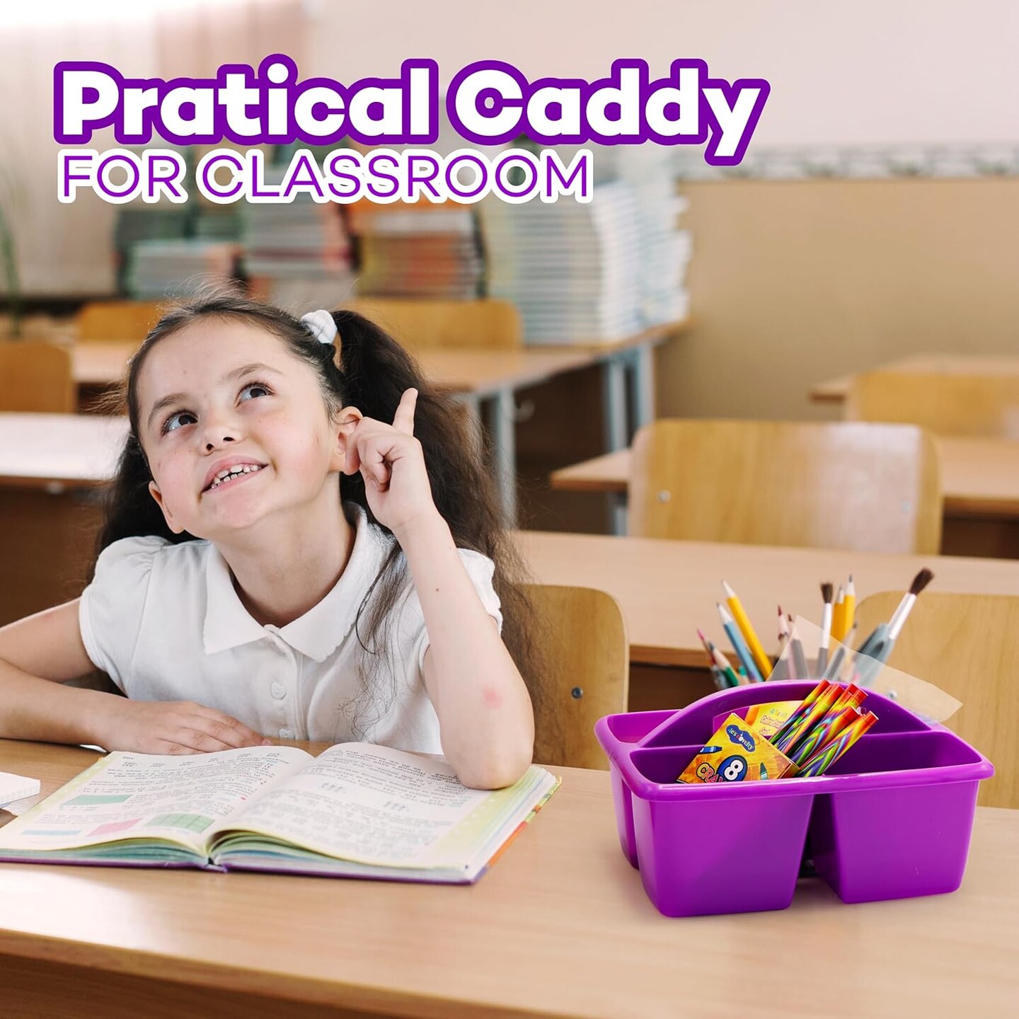 4E&#x2019;s Novelty Classroom Caddy Set of 6, Plastic Caddies for Supply, Caddy Organizer with Handle for Classroom, Rainbow Colors, Desk Caddies for Supplies Keep Desks and Work Stations Organized