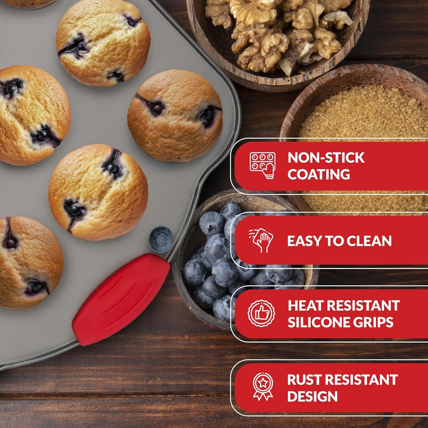 24 Cup Mini Muffin Pan with Silicone Handles | Professional Non-Stick Cupcake Pan for Muffins, Cupcakes, Egg Bites, and More