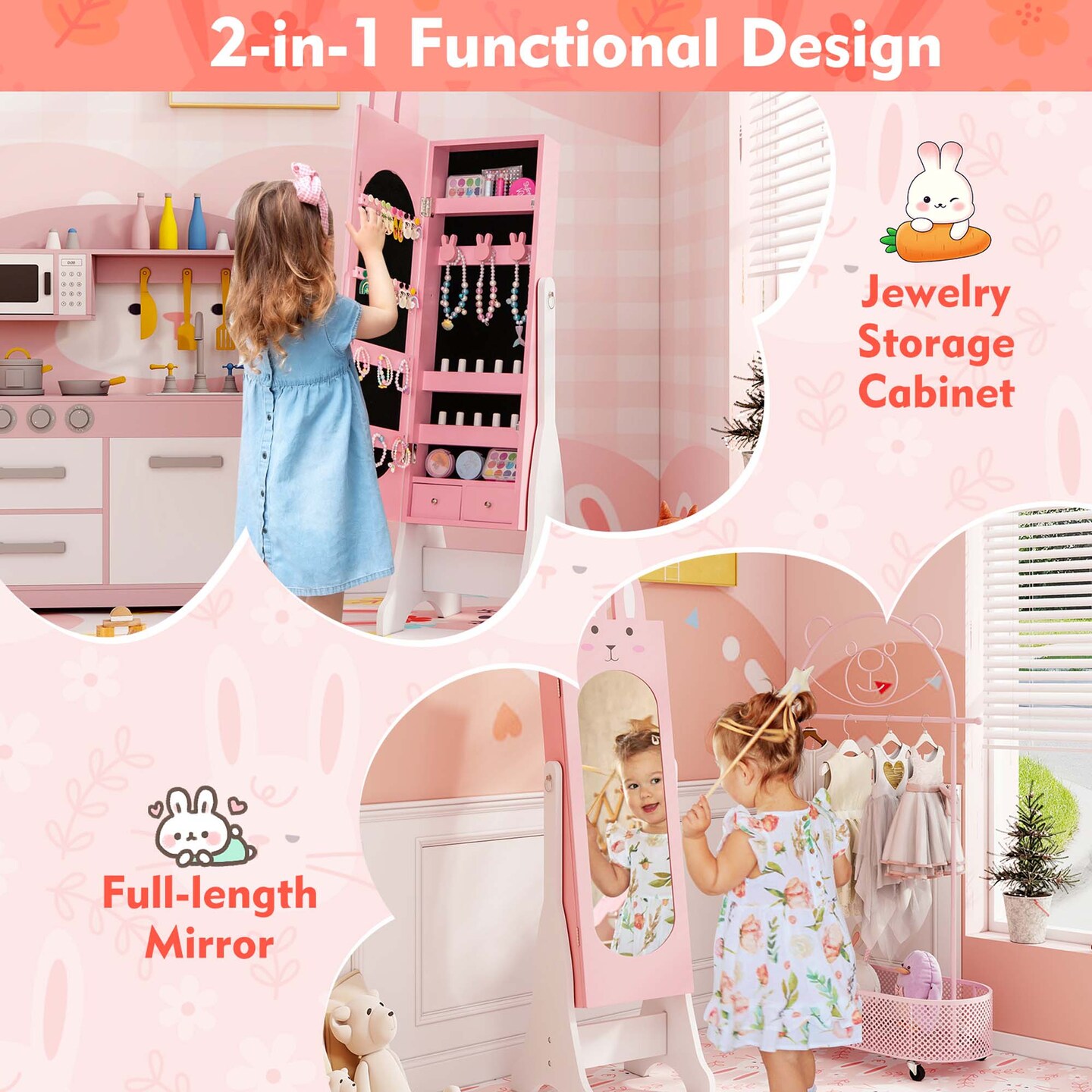 Costway Kids Vanity Set Princess Makeup Dressing Table and Chair Set with Jewelry Armoire White/Pink