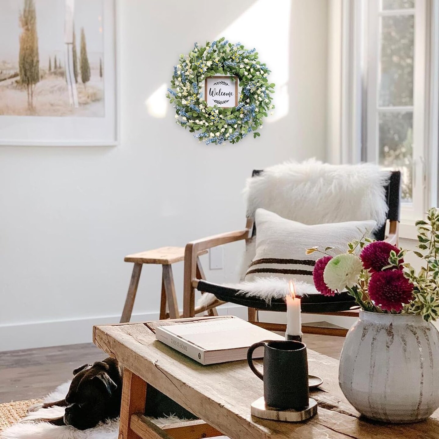 Artificial Leaves and White Flowers Spring Greenery Wreath