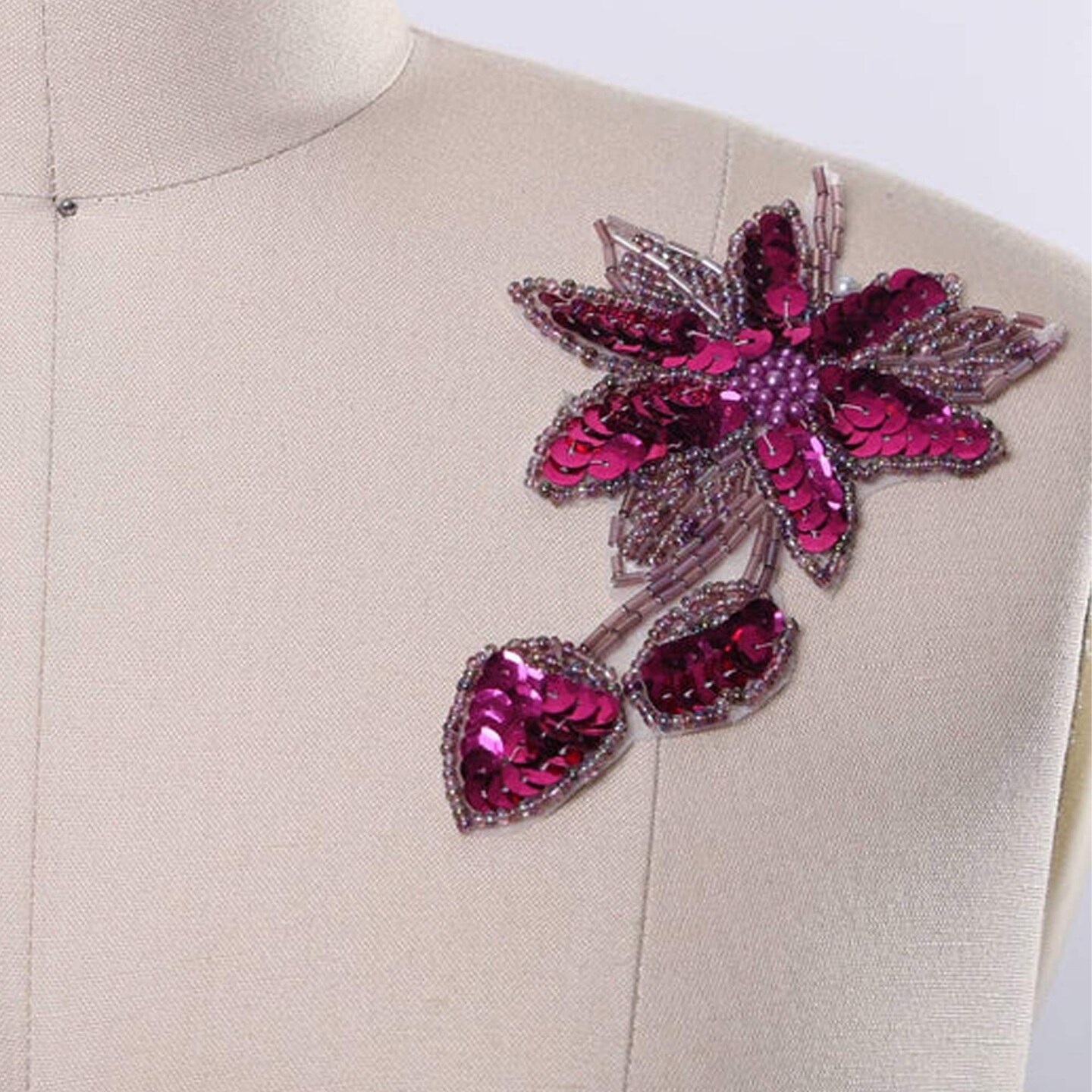 6&#x22; x 3.25&#x22; Magenta Beaded Flower Patches Set of 2 Sequined Iron-On Appliques with Leaf Detail