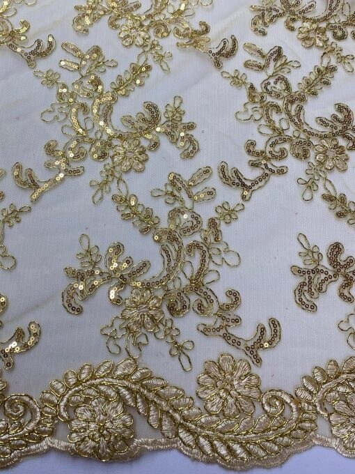 1 Yard Gold Corded Sequin Lace Mesh Fabric with Scalloped Edge 54&#x201D; Wide