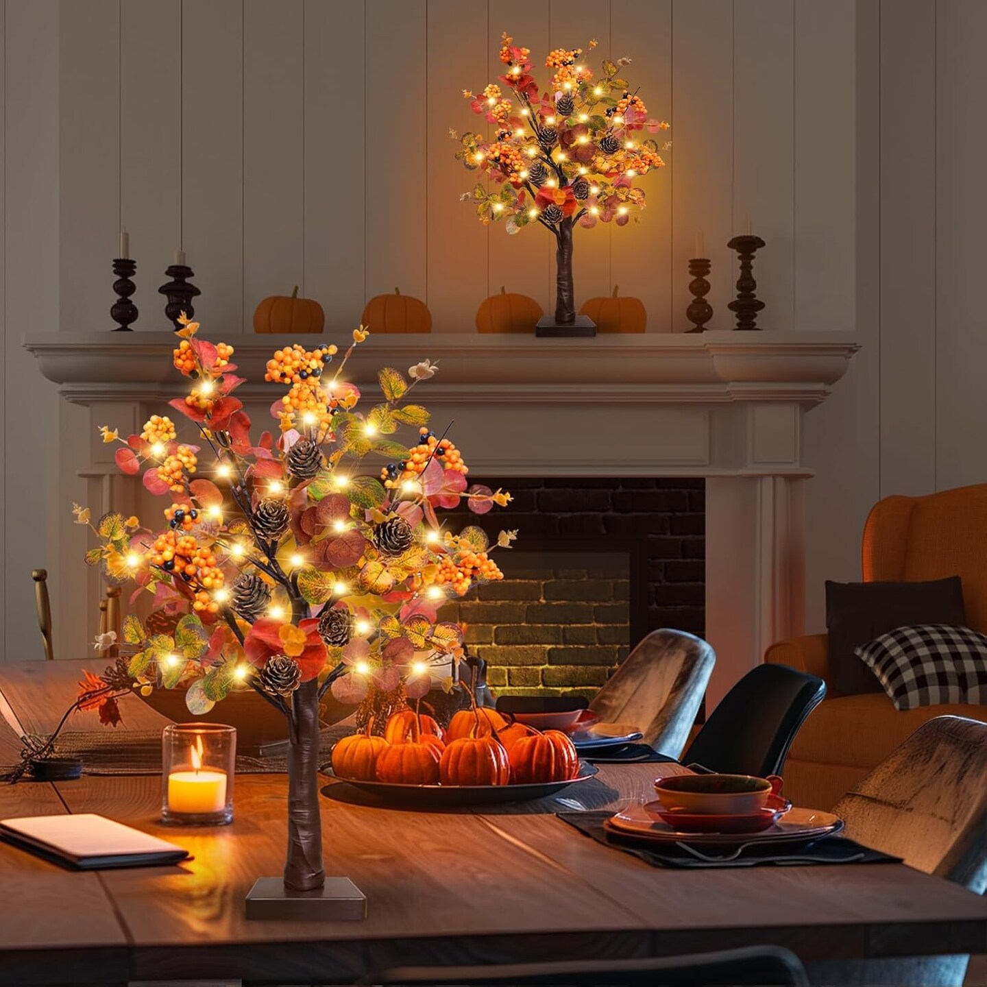 2 Pack Fall Decor Tabletop Fall Tree with 48 LED Battery Operated,18 Inch