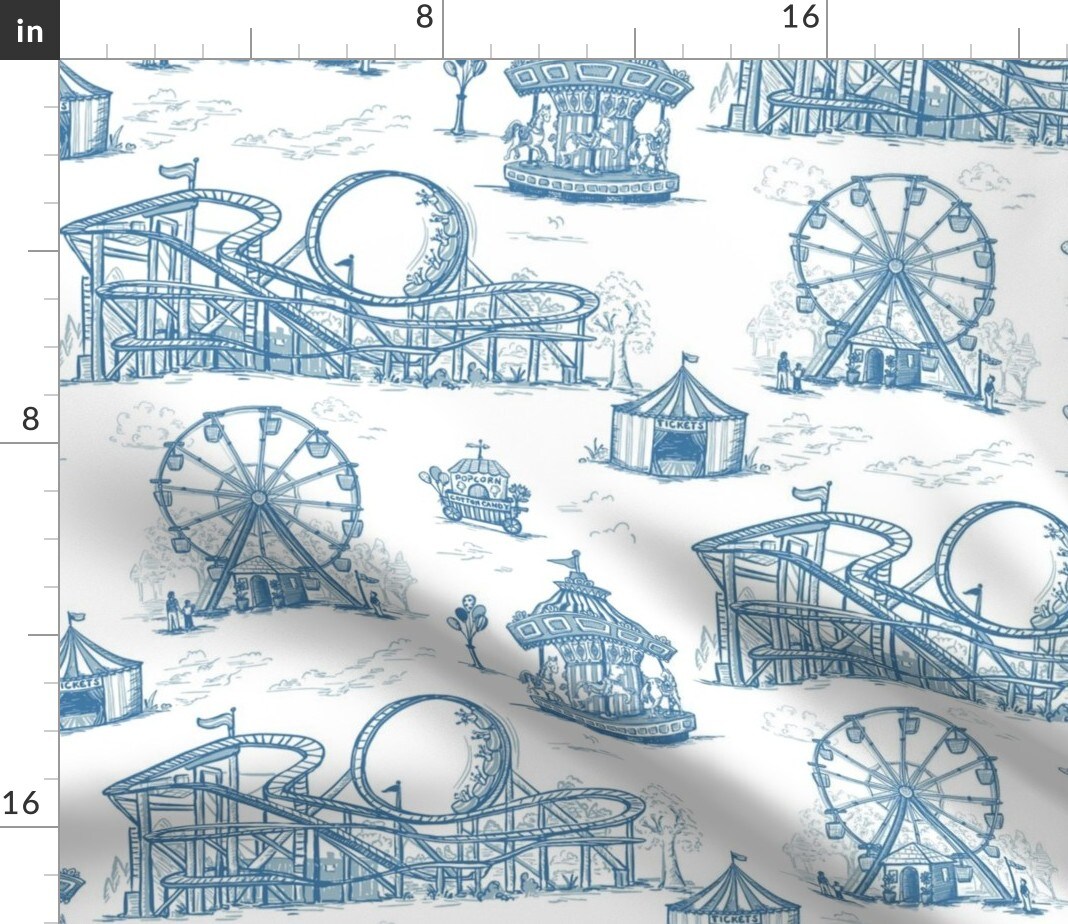Toile Vintage Summer Ferris Wheel Fair Roller Coaster Merry-Go-Round De Jouy Custom Printed Fabric by Spoonflower Various Fabrics by the Yard or Fat Quarter