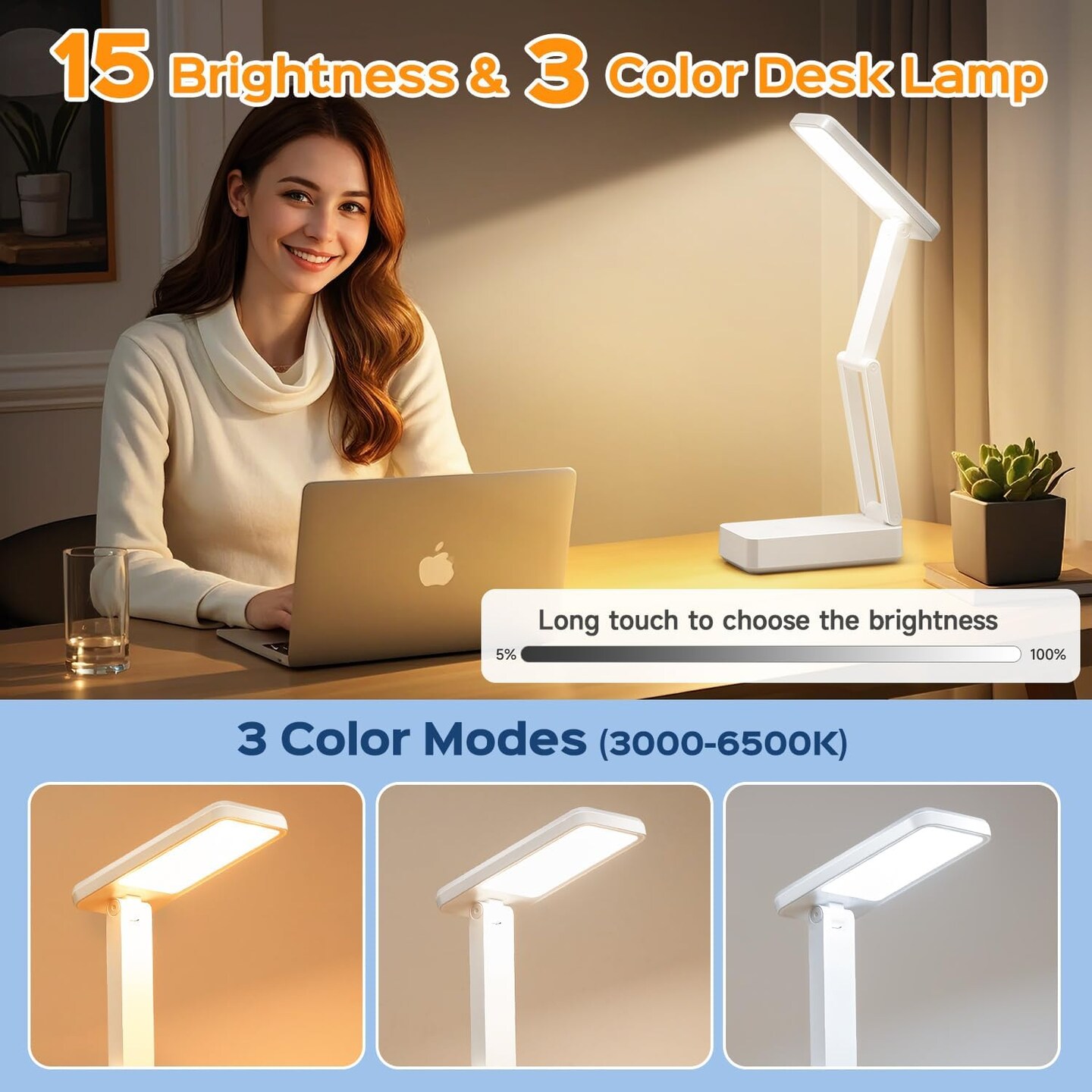 Small Desk Lamp, 6000 mAh Rechargeable Desk Lamps, 3 Colors &#x26; 15 Brightness Portable Light with Wireless Charger, Nail Lamp for Desk Puzzle Light