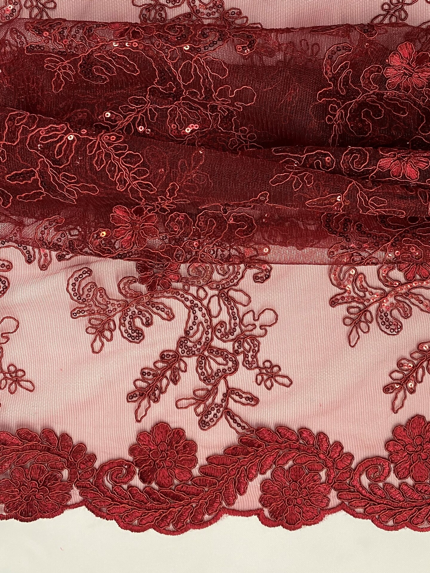 1 Yard Burgundy Sequin Corded Embroidered Lace Fabric with Scalloped Edges 54&#x201D; Wide