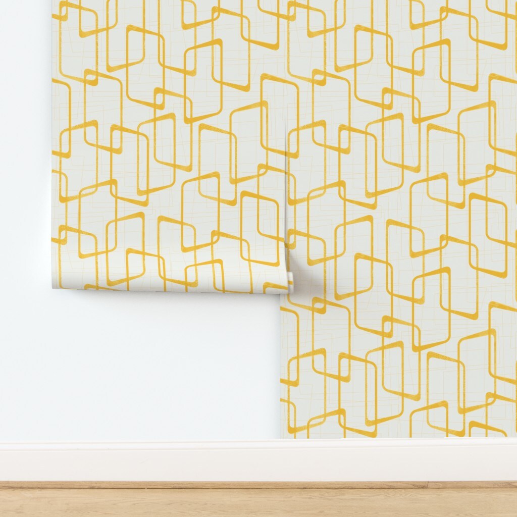 Yellow Geometric Shapes Pattern Lino Print Texture Custom Pre-pasted Wallpaper by Spoonflower Pre-Pasted Wallpaper 2FT Wide