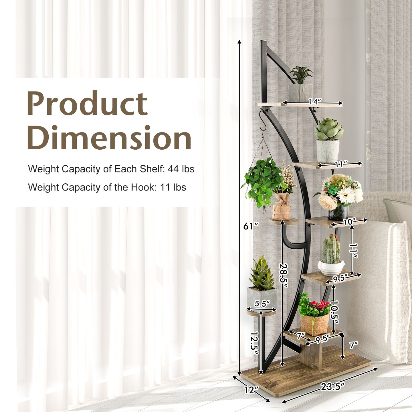 Costway 2PC 6 Tier Metal Plant Stand Rack Half Moon Shape Ladder Planter Organizer w/Hook
