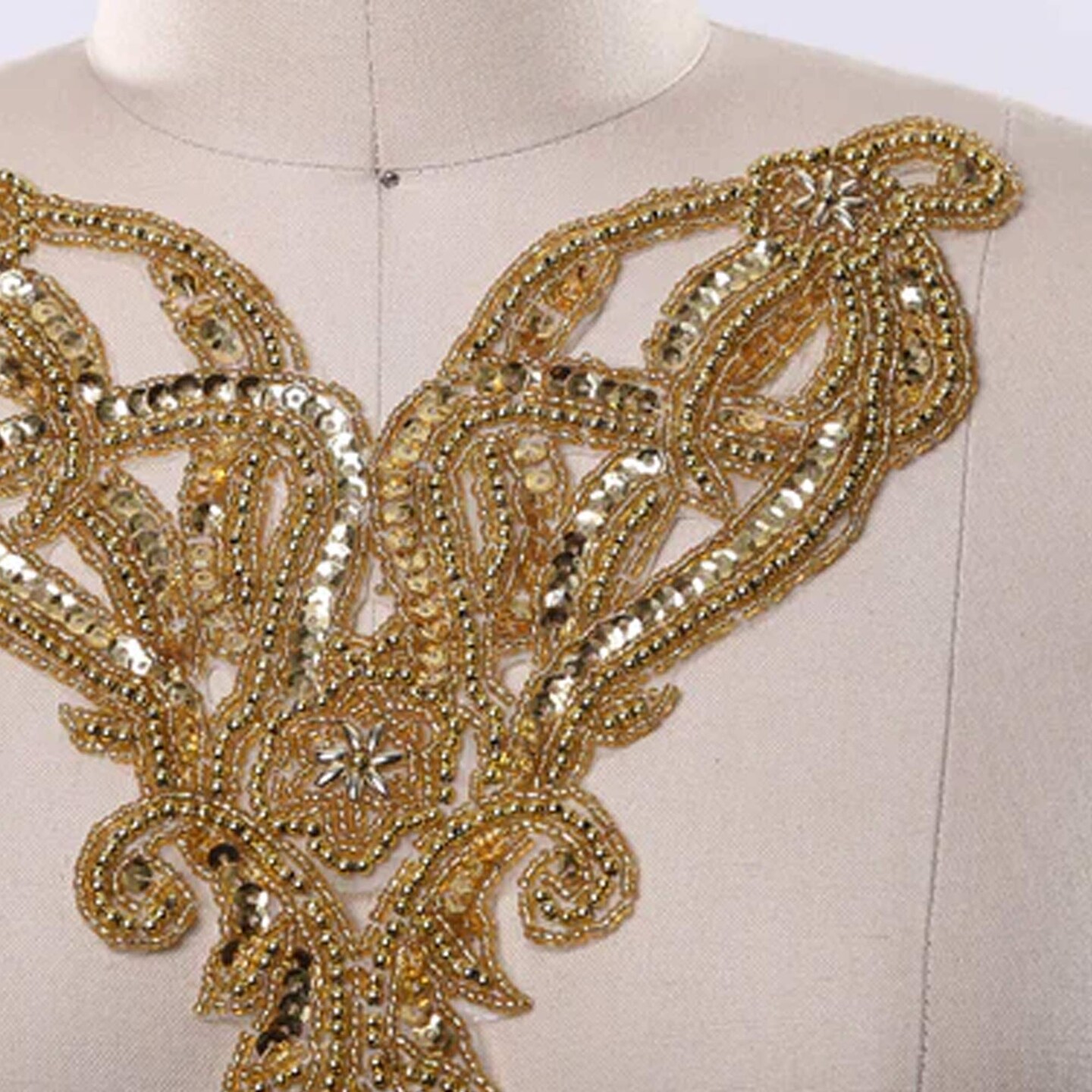 10&#x22; Diagonally Gold Beaded Sequin Neckline Applique for Costumes Gowns Dresses or DIY Decor