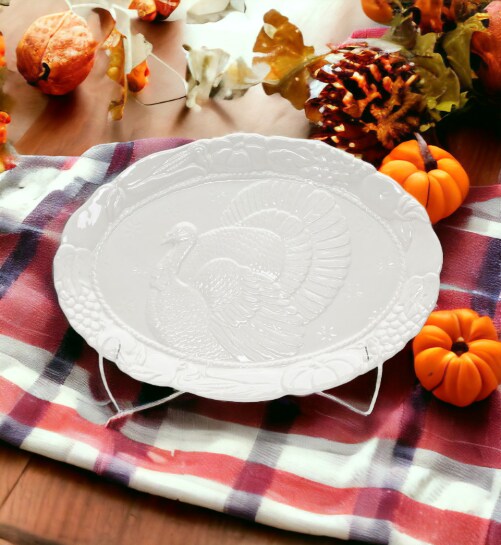 Ceramic White Turkey Platter, Home D&#xE9;cor, Gift for Her, Gift for Mom, Farmhouse Kitchen D&#xE9;cor, Fall D&#xE9;cor, Thanksgiving D&#xE9;cor
