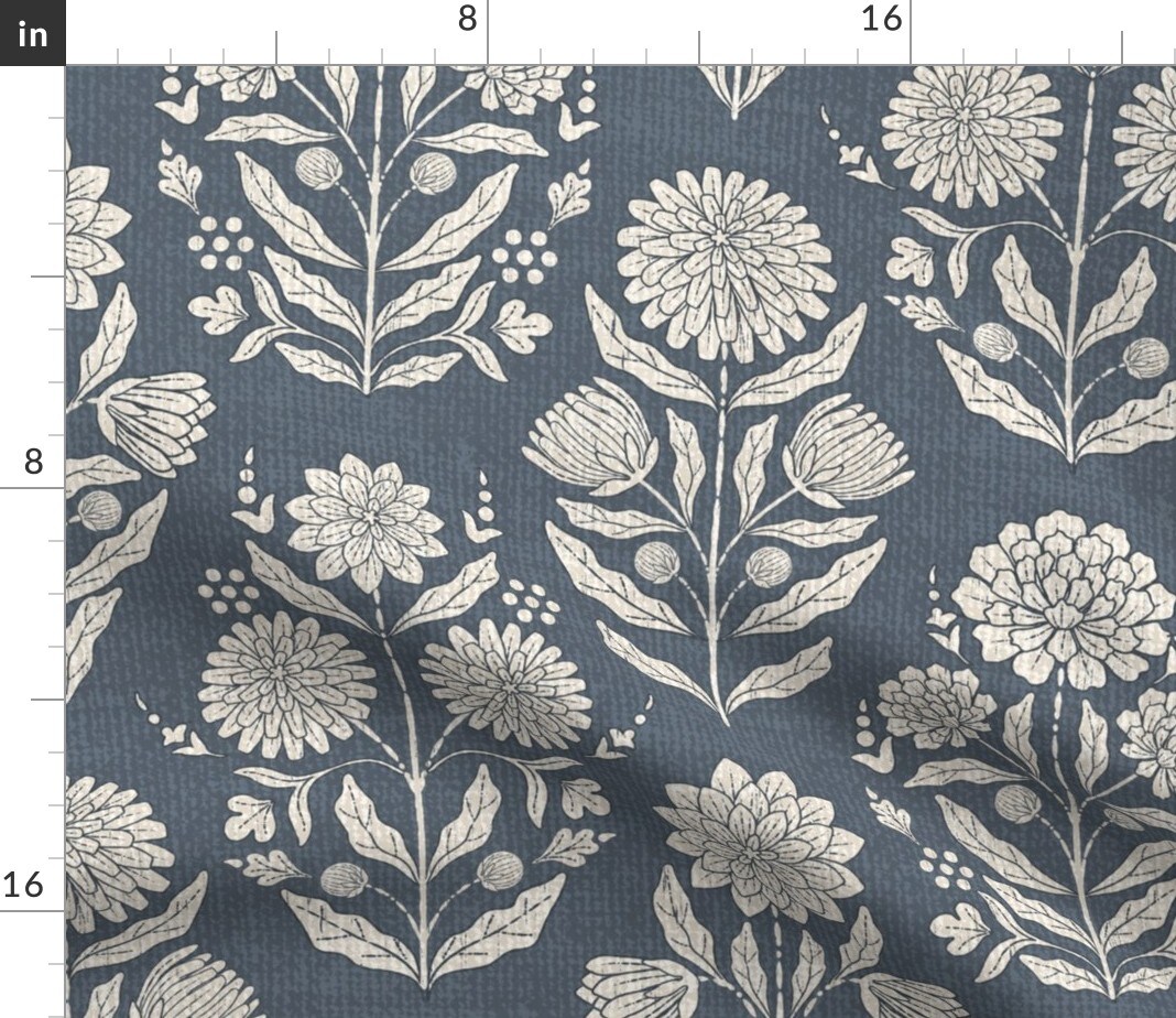 Blue Floral Retro Bohemian Botanical Rustic Farmhouse Cottagecore Hand-Carved Flower Custom Printed Fabric by Spoonflower Various Fabrics by the Yard or Fat Quarter