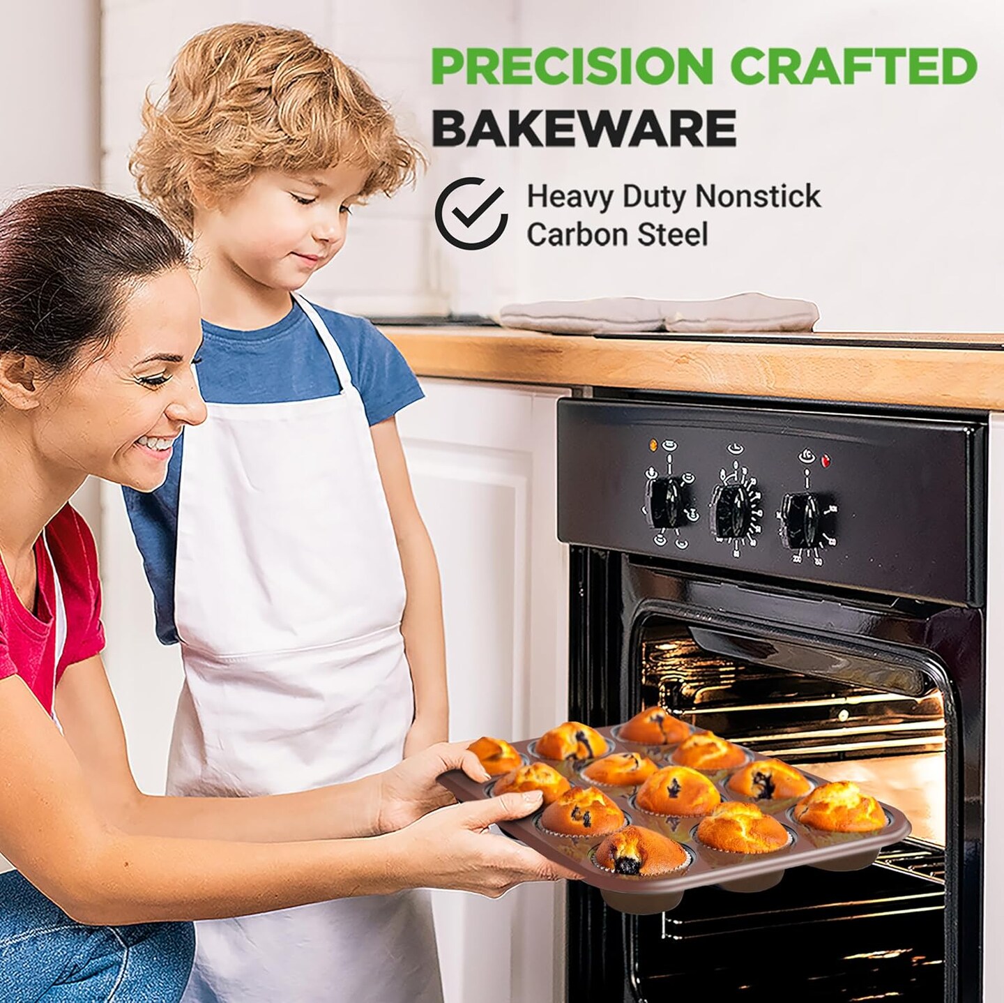 Muffin Pans for Baking, Nonstick 2-Piece Cupcake Tin w/ 12-Cups, Carbon Steel Stackable Cup Cake Tray, Dishwasher Safe - Gold