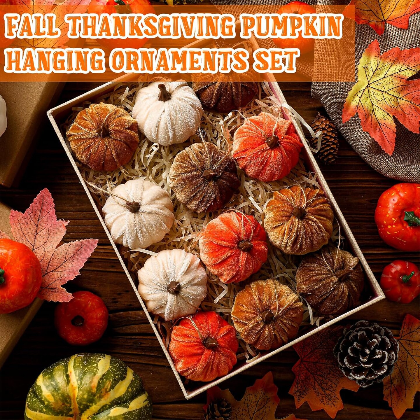 12 Pcs Fall Pumpkin Hanging Ornament 2 Inches Velvet Pumpkins
