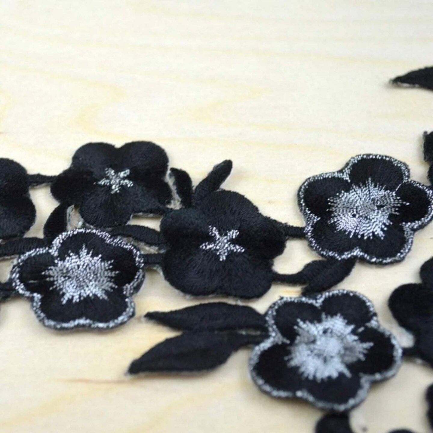 2 Pieces mirrored pair Black Silver Floral Appliqué 10.75x3" Iron On Embroidery Patches for Jackets & Crafts