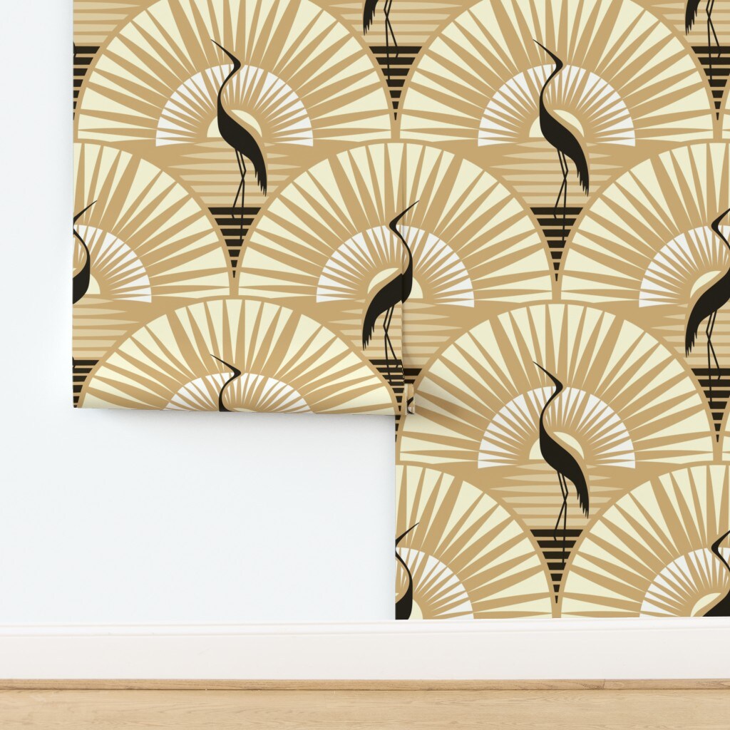 Geometric Cranes Bold Art Deco Beige Black Large Scale Retro Scallop Coastal Glam Custom Removable Wallpaper by Spoonflower Peel & Stick Wallpaper 2FT Wide