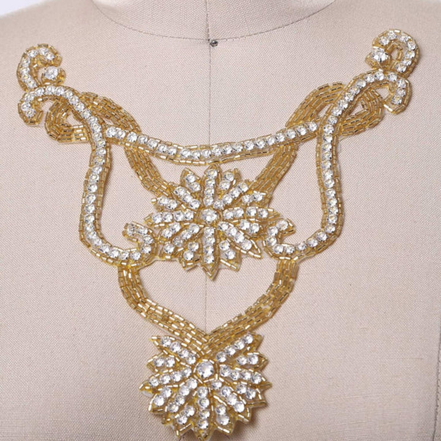 7" x 5" Gold Double Flower Rhinestone Iron On Neck Applique for Dresses and Costumes
