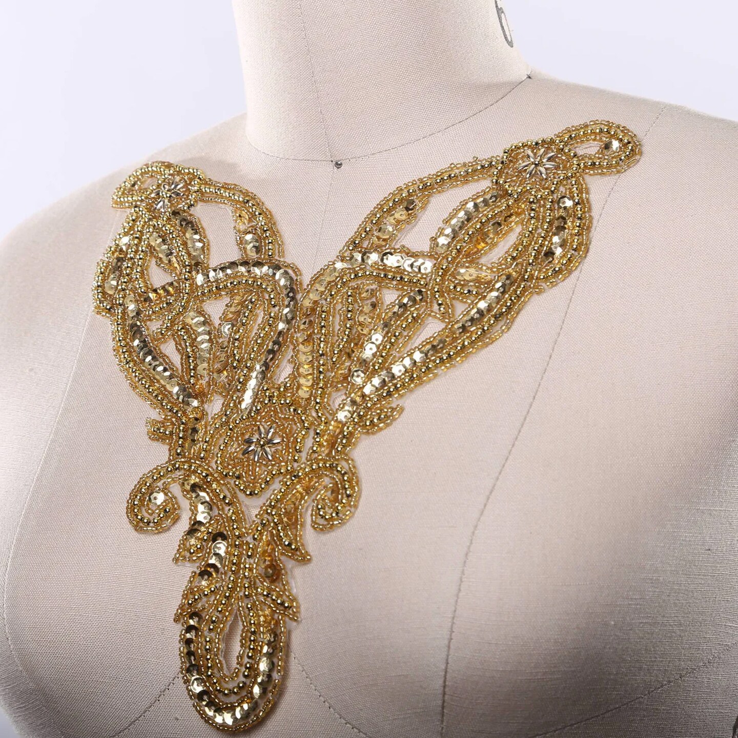 Gold Beaded Sequin Collar Applique Patch Victorian Costume Neck Trim