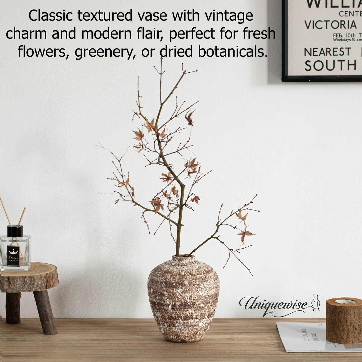 Uniquewise Textured Vintage Inspired Ceramic Vase Perfect for Displaying Faux Flowers Branches & Pampas Grass for Farmhouse Decor Living Room Bedroom Kitchen Office Dining Table Centerpiece, Brown