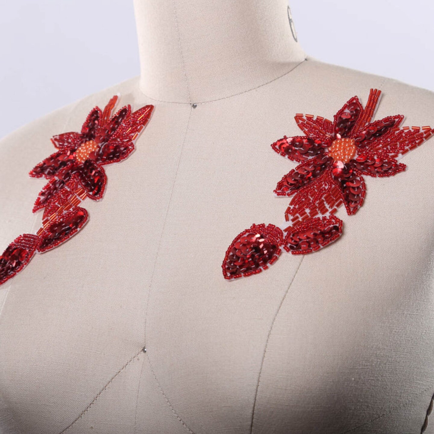 Red Beaded and Sequined Flower Patches Set of 2 Iron On Coral Floral Appliques with Leaves