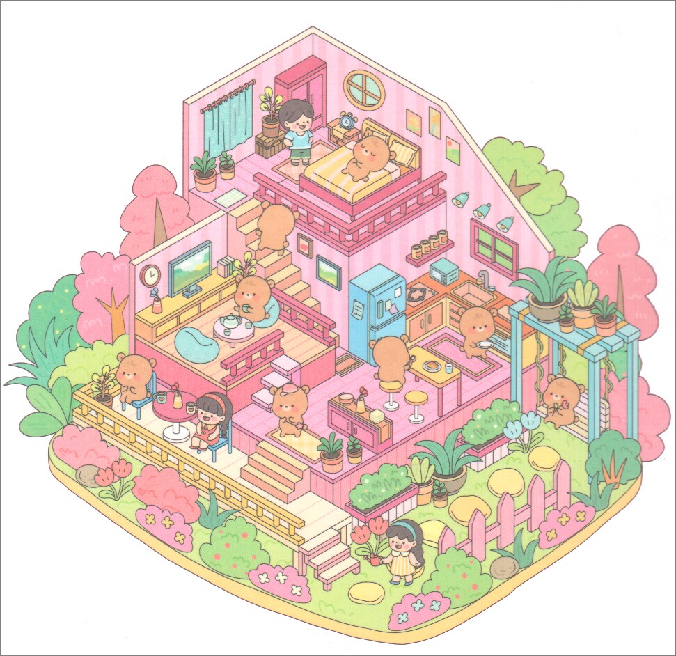 Cute Spring House Sticker Scene, Larger Size, Isometric Sticker Activity, Adorabilities
