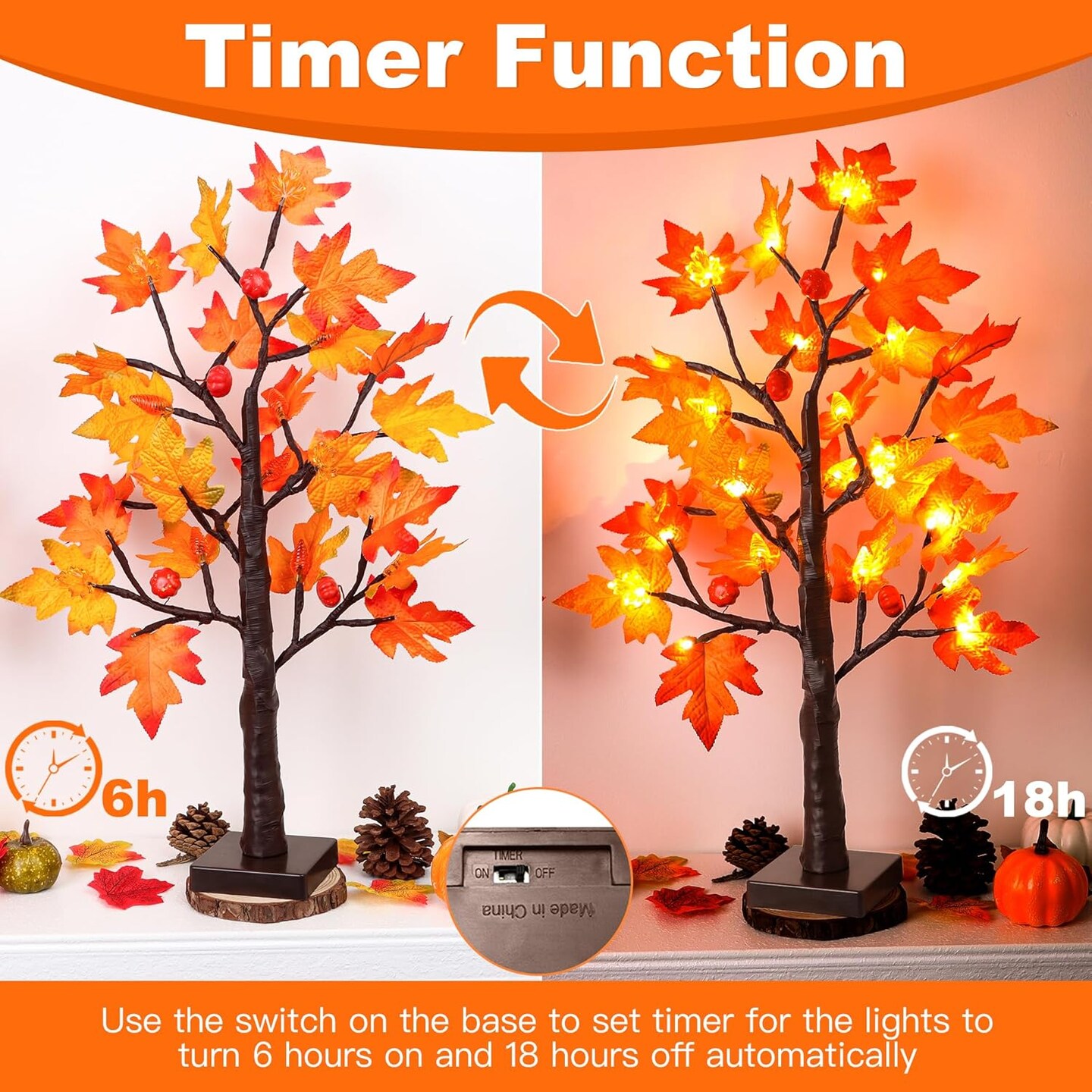2 Pack 24 Inch Prelit Fall Maple Tree Decor with 48 LED Timer