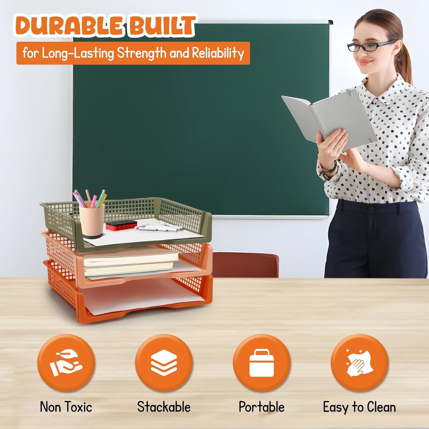4E&#x27;s Novelty 6 Pack Stackable Trays for Classroom, Durable Organizer With Classy Colors, Boho Paper Tray for Classroom, Durable Classrooms Paper Trays for Teachers, Teacher Turn In Tray Storage