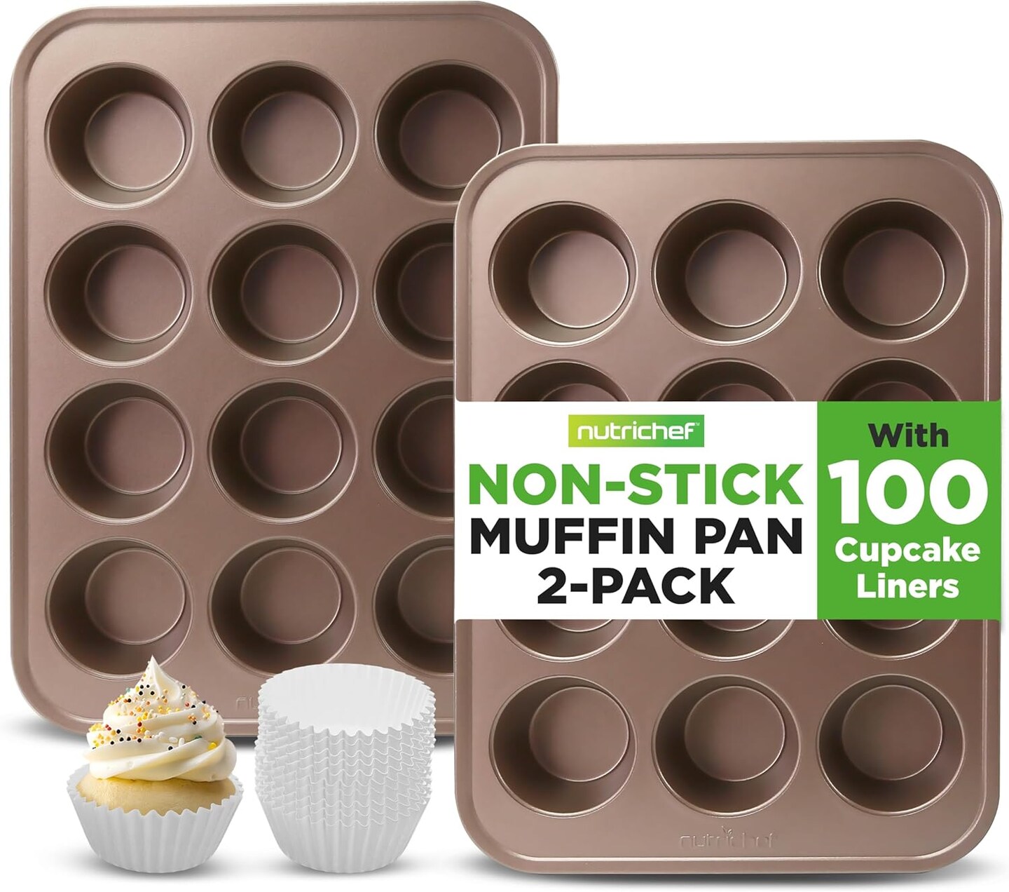 Muffin Pans for Baking, Nonstick 2-Piece Cupcake Tin w/ 12-Cups, Carbon Steel Stackable Cup Cake Tray, Dishwasher Safe - Gold