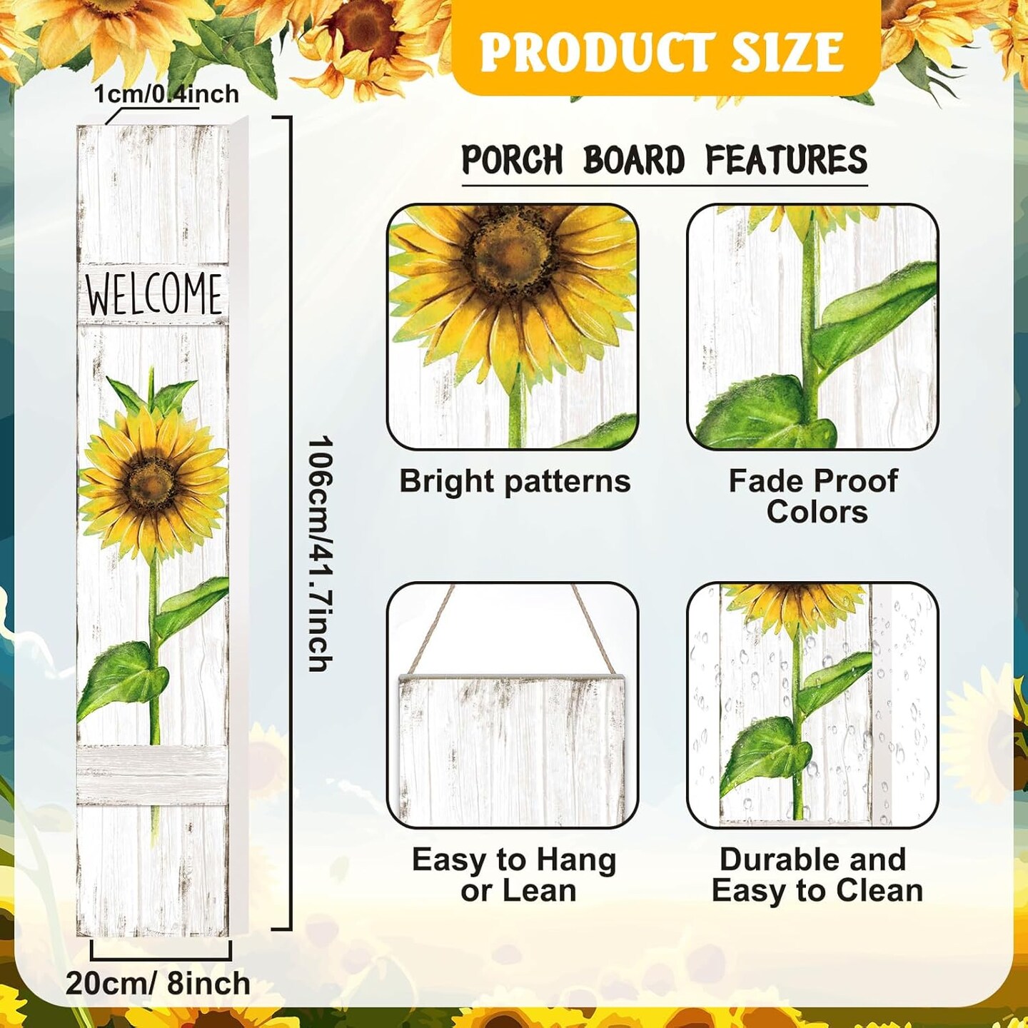 Spring Summer Porch Sign Sunflower Wooden Welcome Sign for Front Porch Standing Vertical Sign Rustic Spring Decor with White Background for Farmhouse Door Decoration, 42&#x22; H