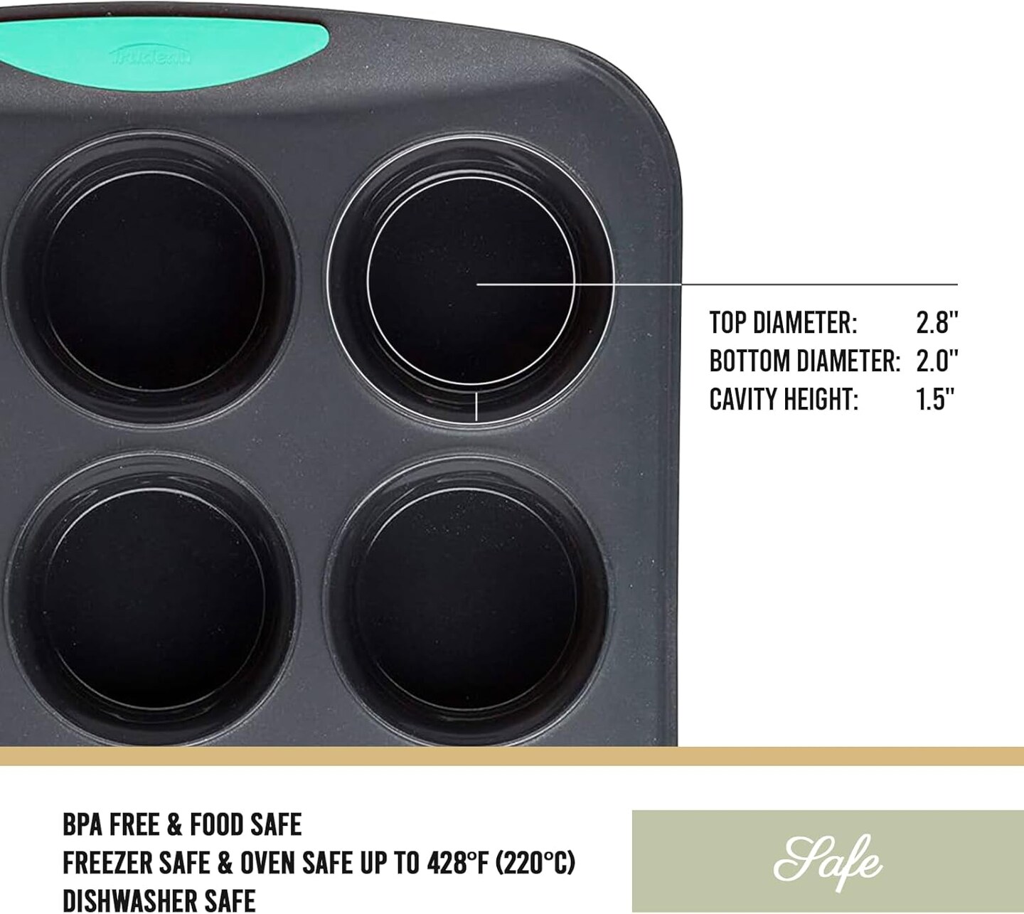 12-Cup Silicone Muffin Pan with Hard Lining, Nonstick & Heat-Resistant, Grey/Mint