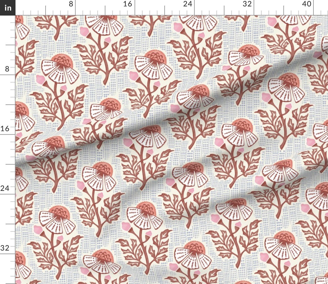 Various Fabrics by the Yard or Fat Quarter Rustic Floral Traditional Japandi Boho Block Print Hand Stamped Custom Printed Fabric by Spoonflower