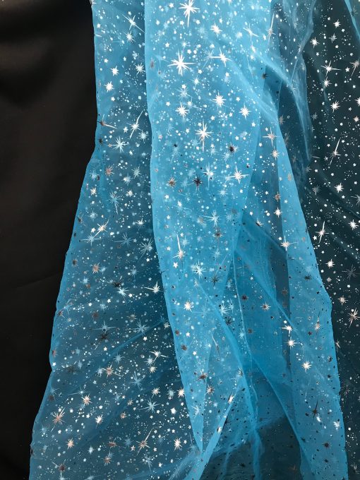 1 Yard Turquoise Silver Stars Organza Fabric For Costumes Crafts Décor Accessories 58/60″ Wide