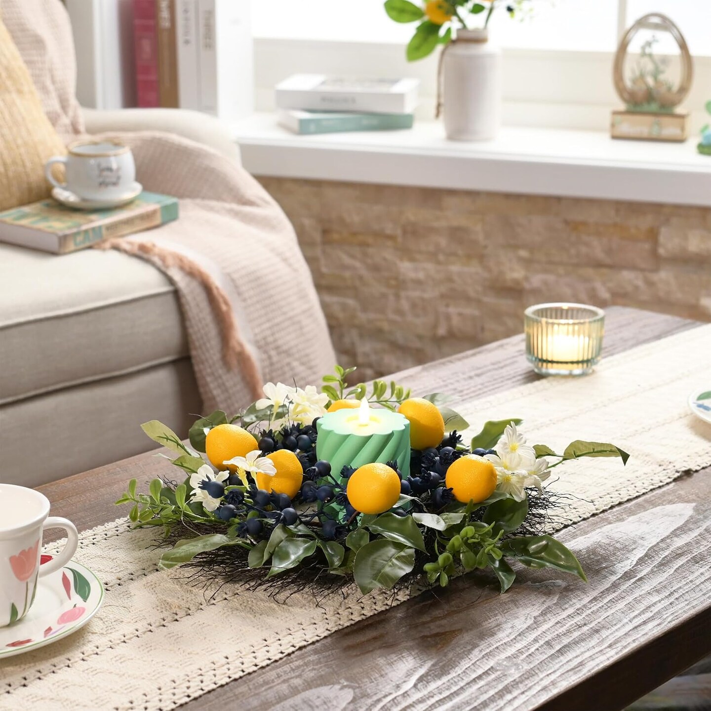 Spring Artificial Lemon Wreaths for Front Door with Lights
