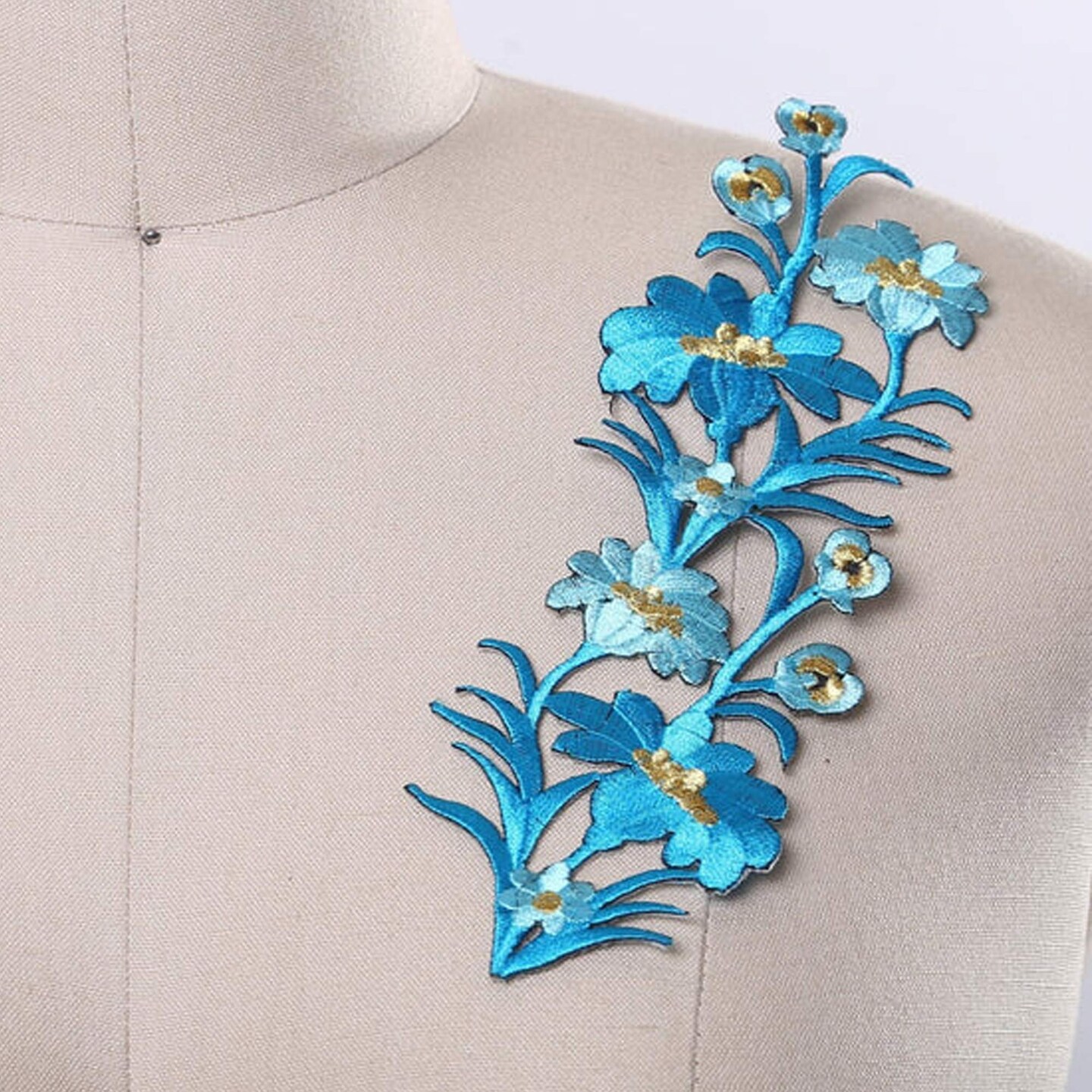 8&#x22; x 2.25&#x22; Electric Blue Flower Patches Set of 2 Embroidered Appliques with Gold Thread Accent