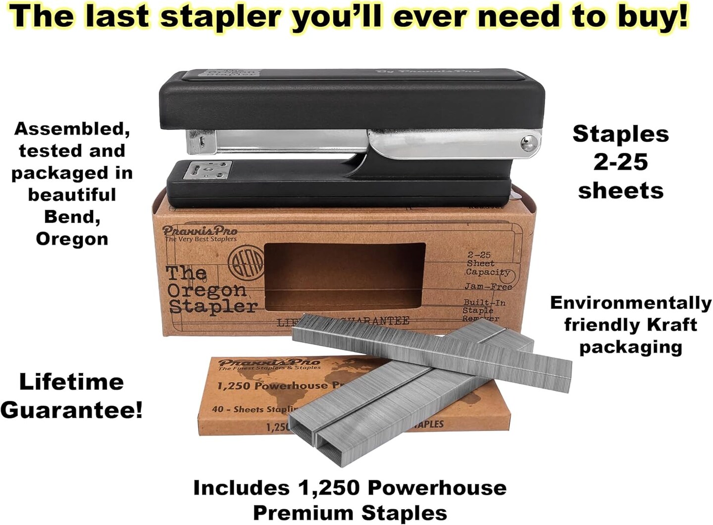 Stapler, Built in USA, Built-in Staple Remover, Staples 2 to 25 Sheets, includes Box of 1,250 &#x22;Powerhouse&#x22; Standard 26/6 Staples, for Home, School or Office, Black