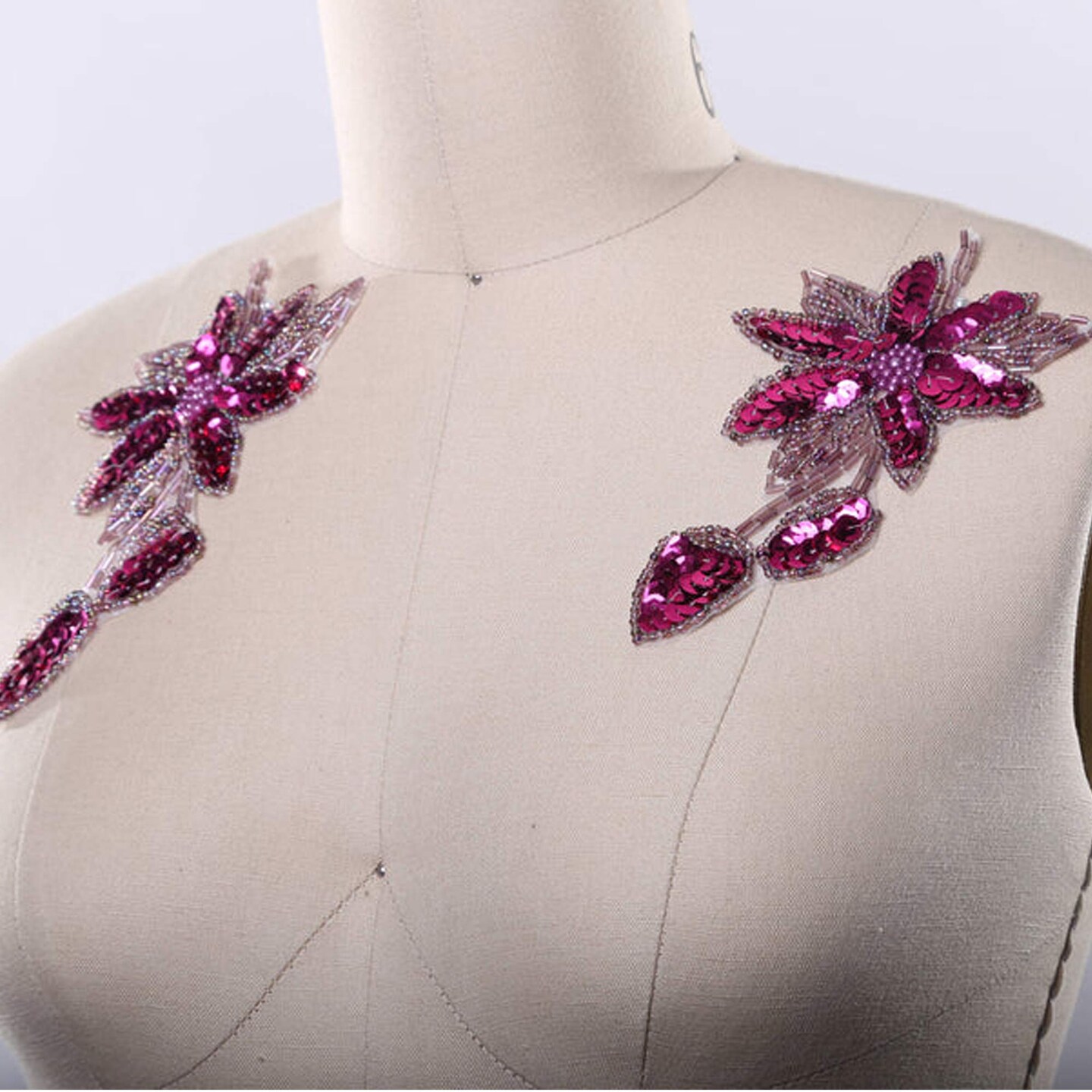 6&#x22; x 3.25&#x22; Magenta Beaded Flower Patches Set of 2 Sequined Iron-On Appliques with Leaf Detail