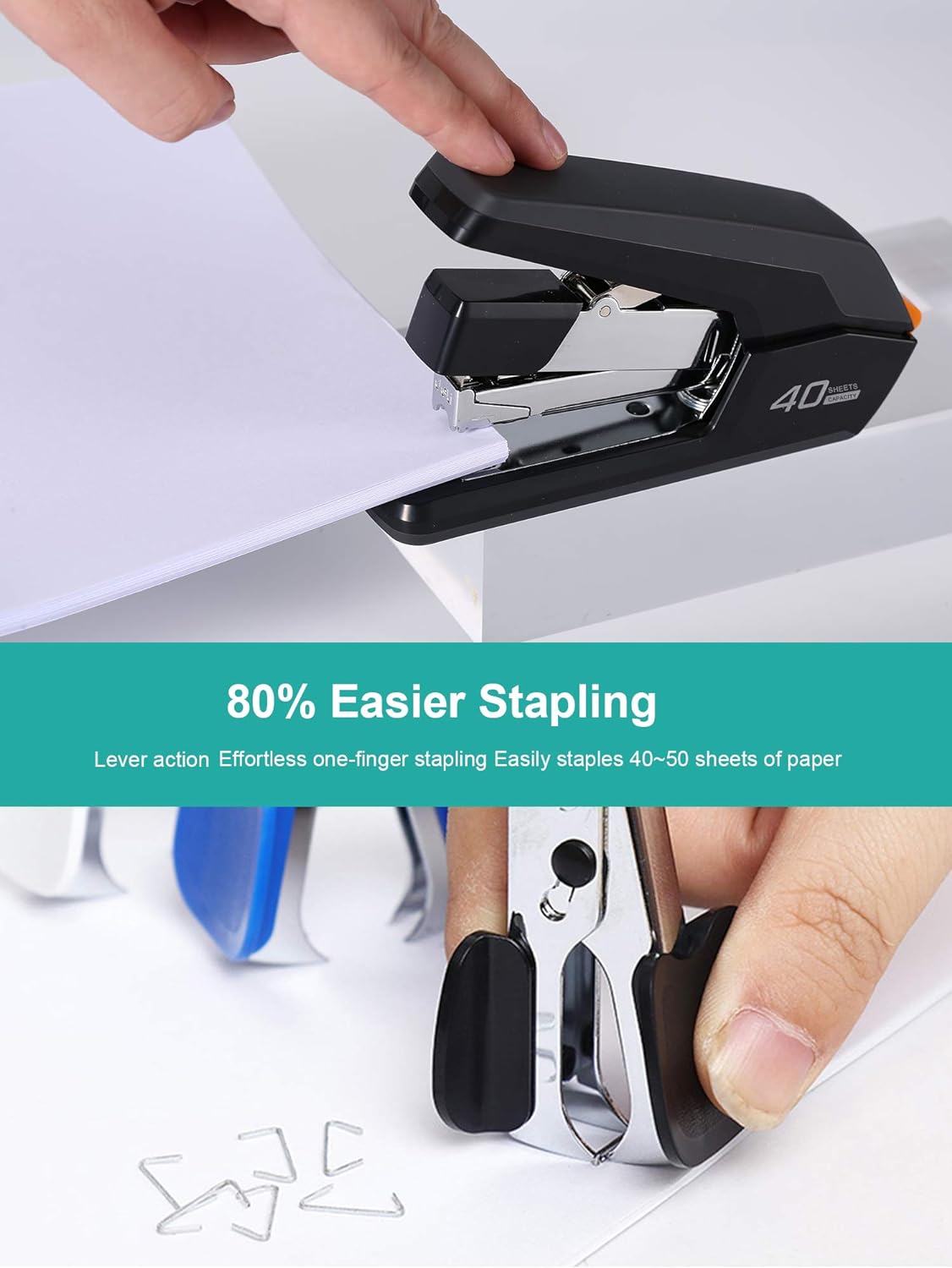 Effortless Desktop Stapler, 40 Sheet Capacity, One Finger Touch Stapling, Easy to Load Ergonomic Heavy Duty Stapler, Includes 1500 Staples and Staple Remover