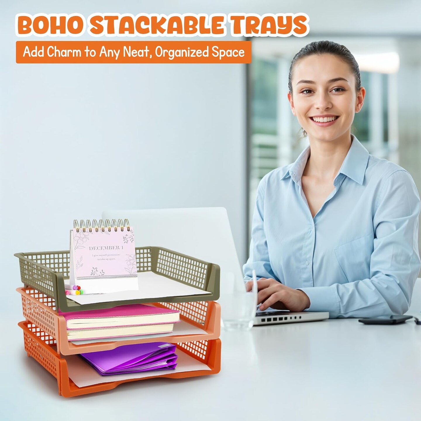 4E&#x27;s Novelty 6 Pack Stackable Trays for Classroom, Durable Organizer With Classy Colors, Boho Paper Tray for Classroom, Durable Classrooms Paper Trays for Teachers, Teacher Turn In Tray Storage