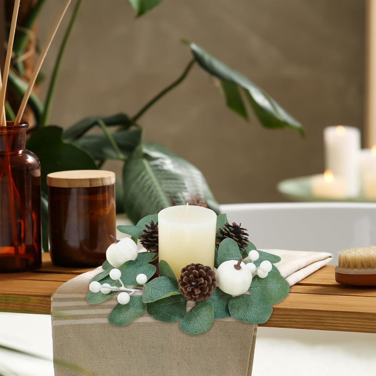 4 Pack Fall White Pumpkin Candle Rings Faux Eucalyptus