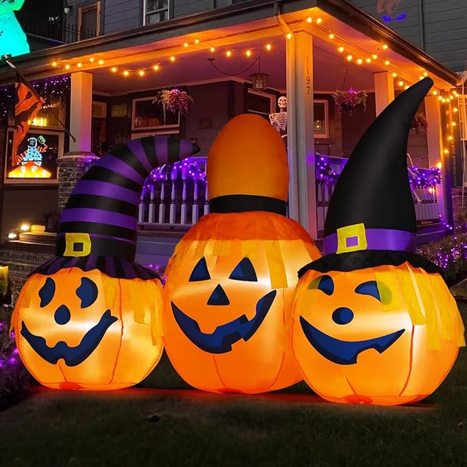 GOOSH 6.5 FT Halloween Inflatables Pumpkin Combo with Wizard hat Blow Up Yard Decoration with LED Lights Built-in