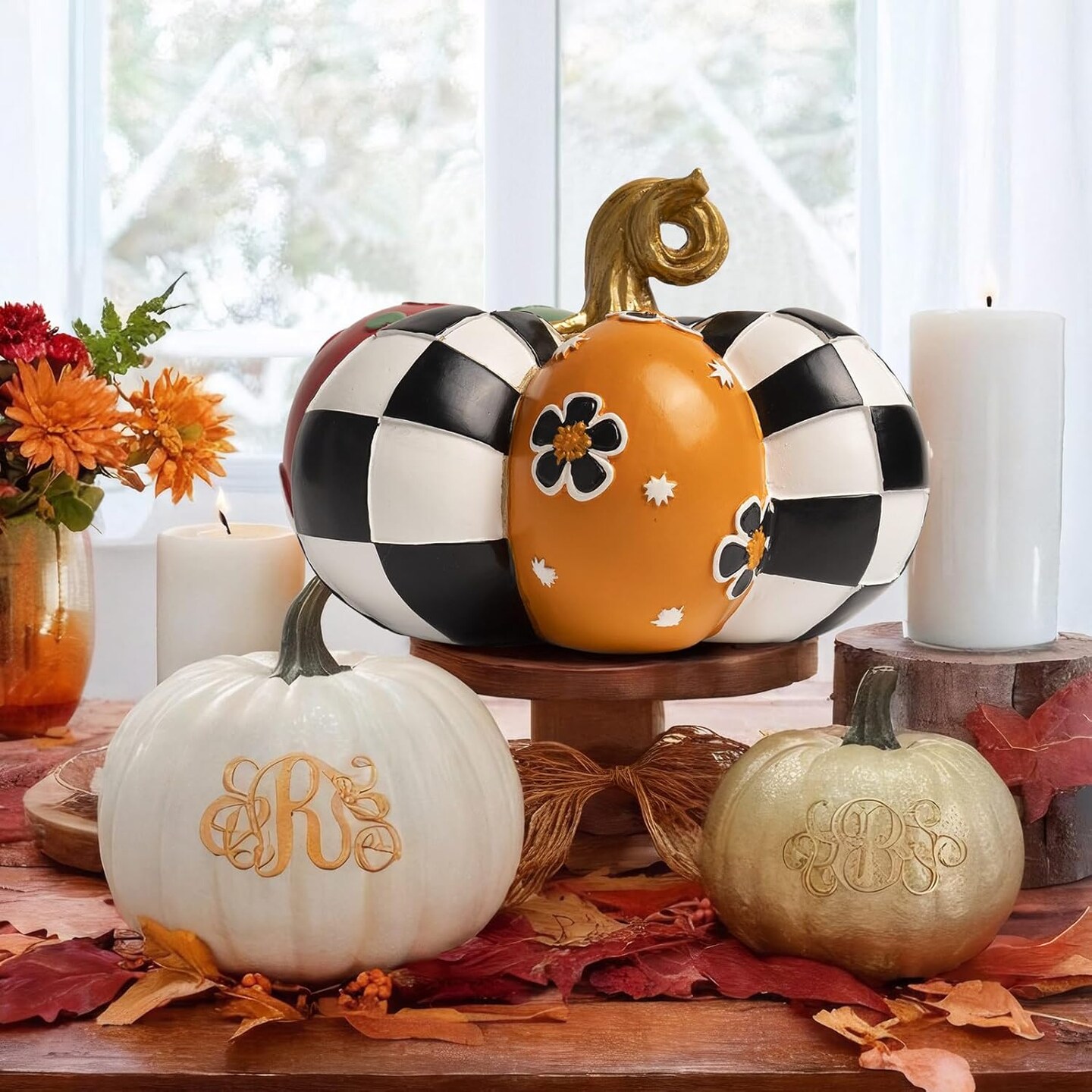 Black and White Checkered Pumpkin for Decorating, 8 in Resin Fall