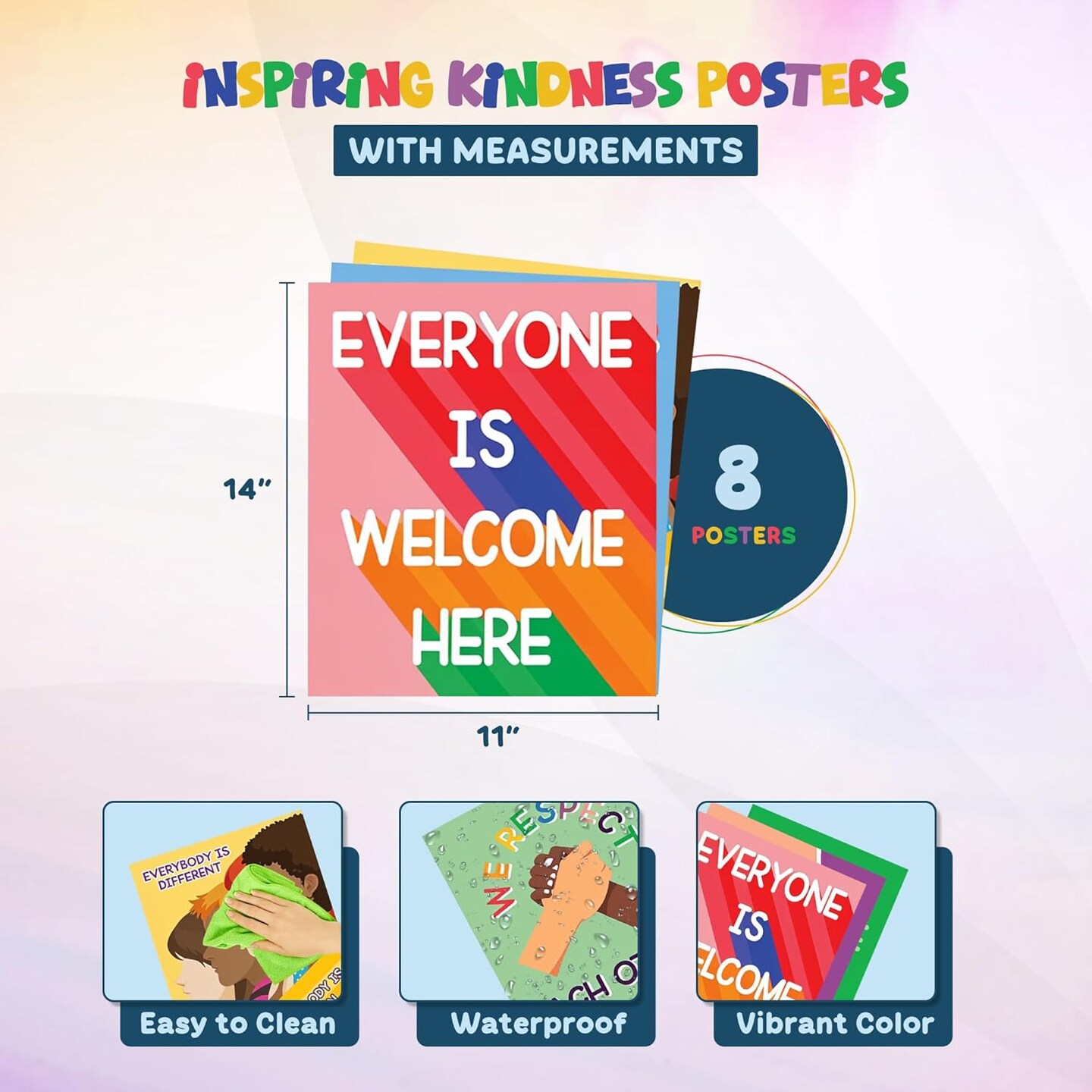 4E&#x27;s Novelty 8 Pc Multicultural Children Posters, Diversity Posters for Classroom, Inclusion Classroom Decor with Glue Dots, Kindness Posters for Elementary School, Diversity Bulletin Board Set