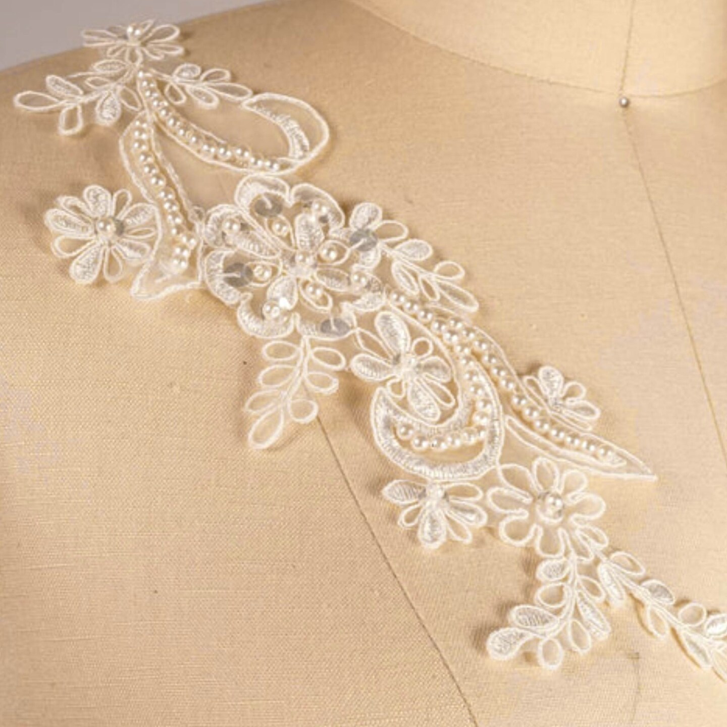 Ivory Beaded Lace Applique Patch for Bridal Gowns Veils and Accessories 8.25 Inch Single Piece