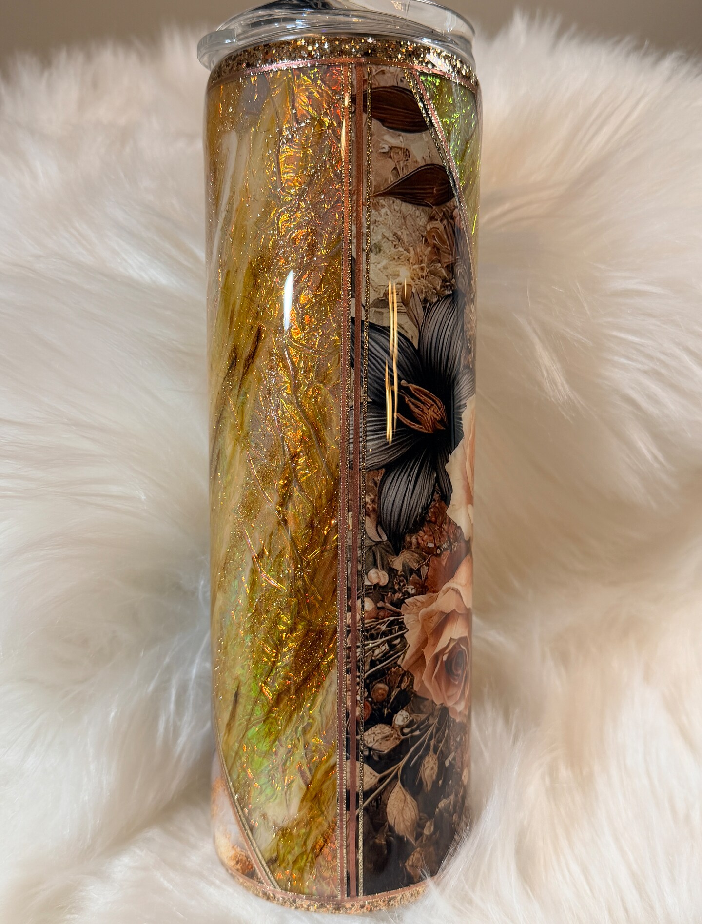 30oz Handmade Gold Foil Floral Tumbler – Black Rose and Neutral